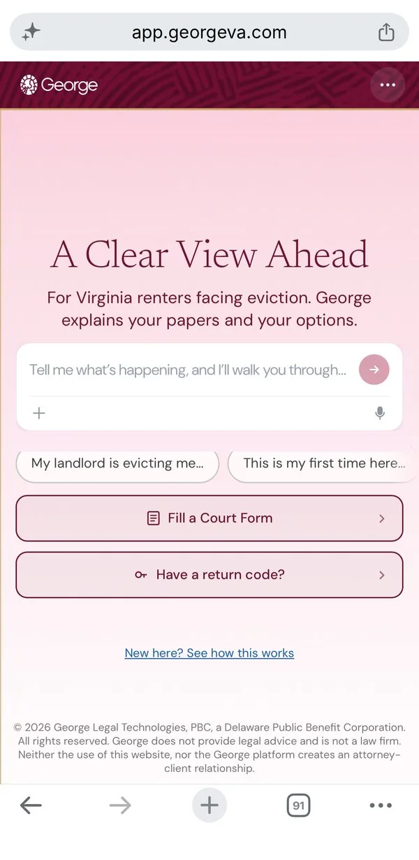 Phone view of the George landing screen: A Clear View Ahead