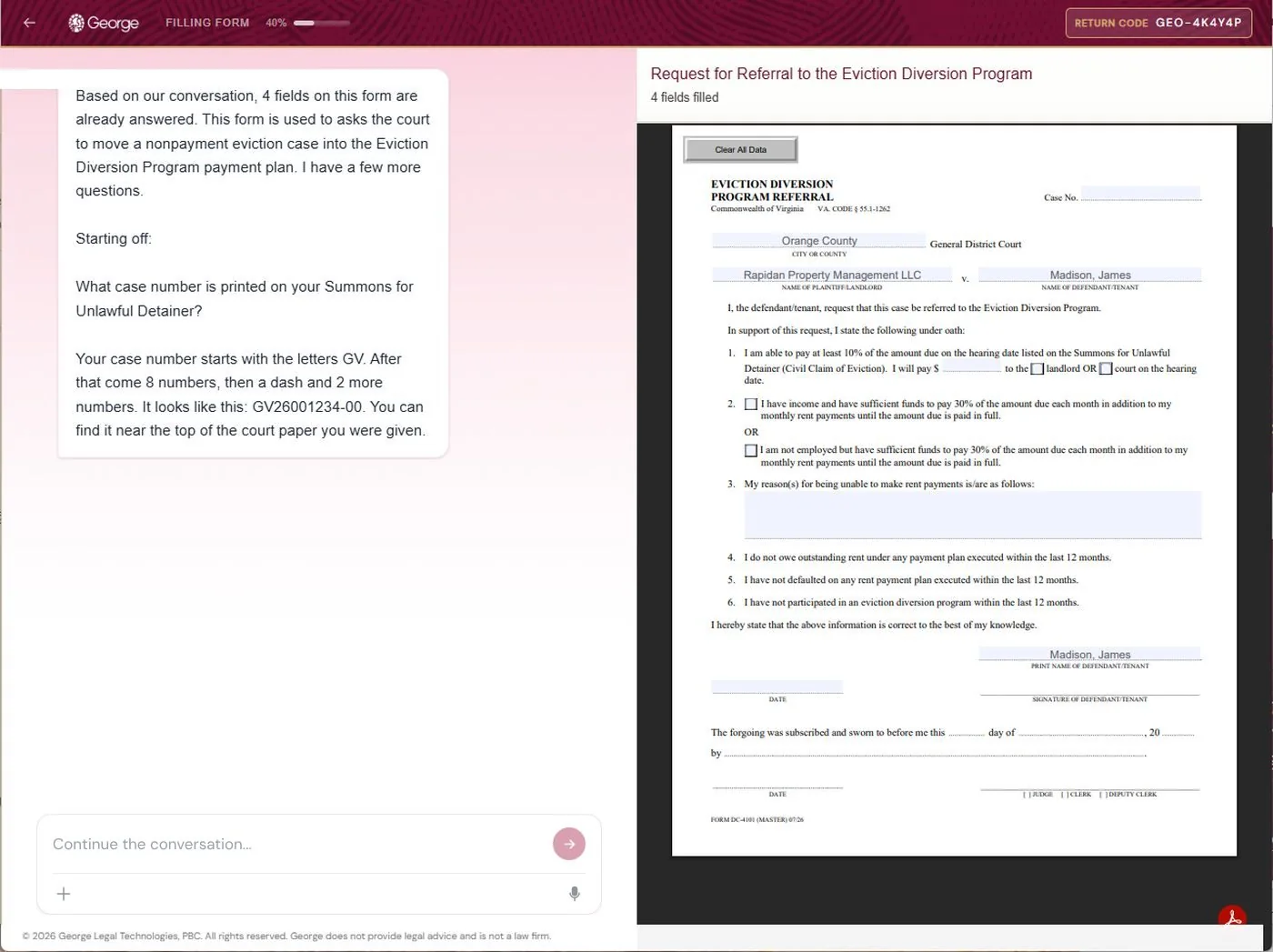 Desktop view of the form filler beside the Request for Referral to the Eviction Diversion Program