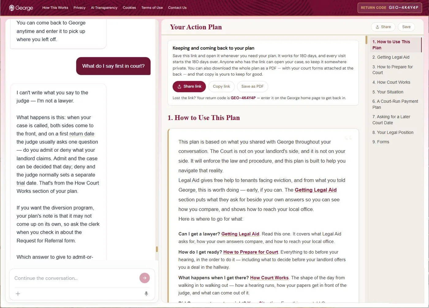 Desktop view of the plan beside the conversation, opening with How to Use This Plan